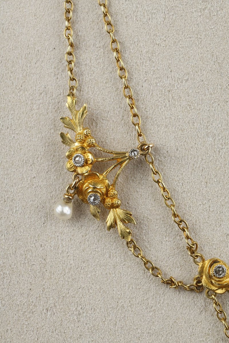 Gold, Fine Pearl And Diamond Necklace – French Work Circa 1900-photo-3