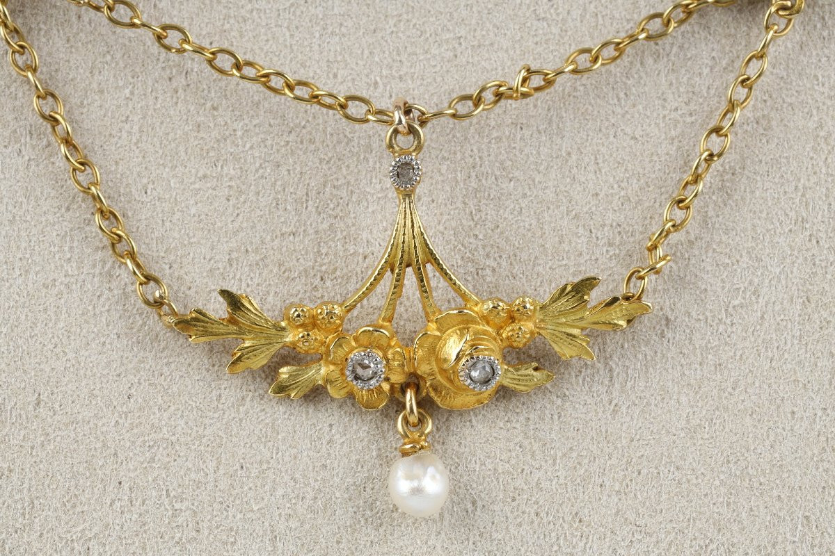 Gold, Fine Pearl And Diamond Necklace – French Work Circa 1900-photo-4