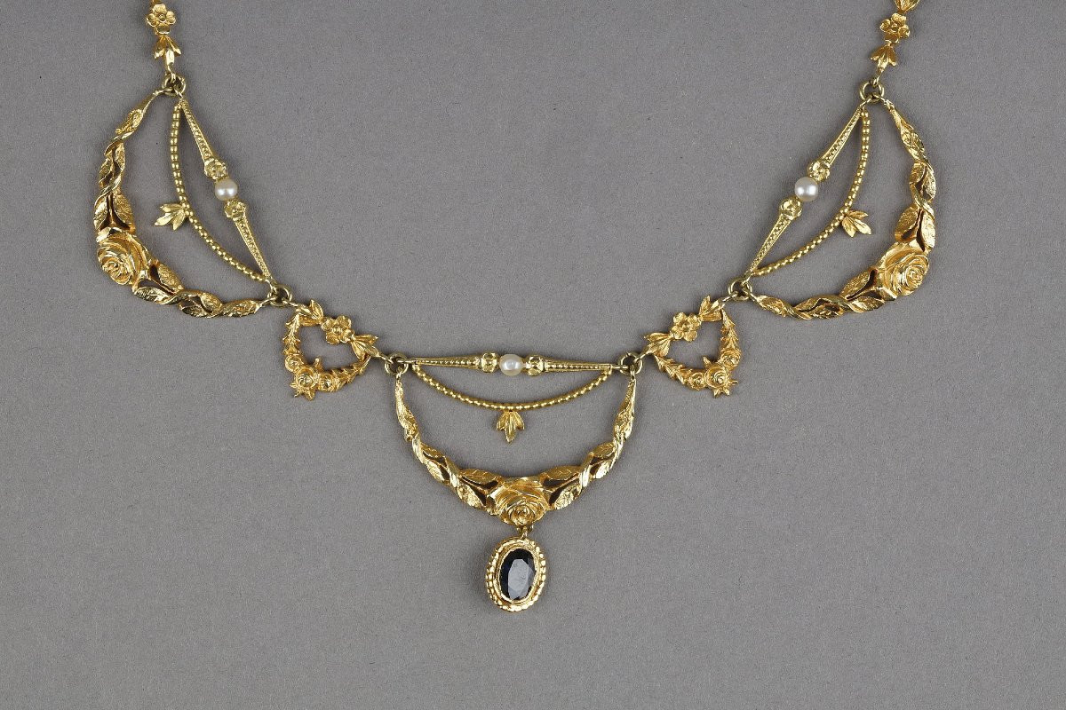 Collier en or, perles fines et saphir, Art Nouveau-photo-3
