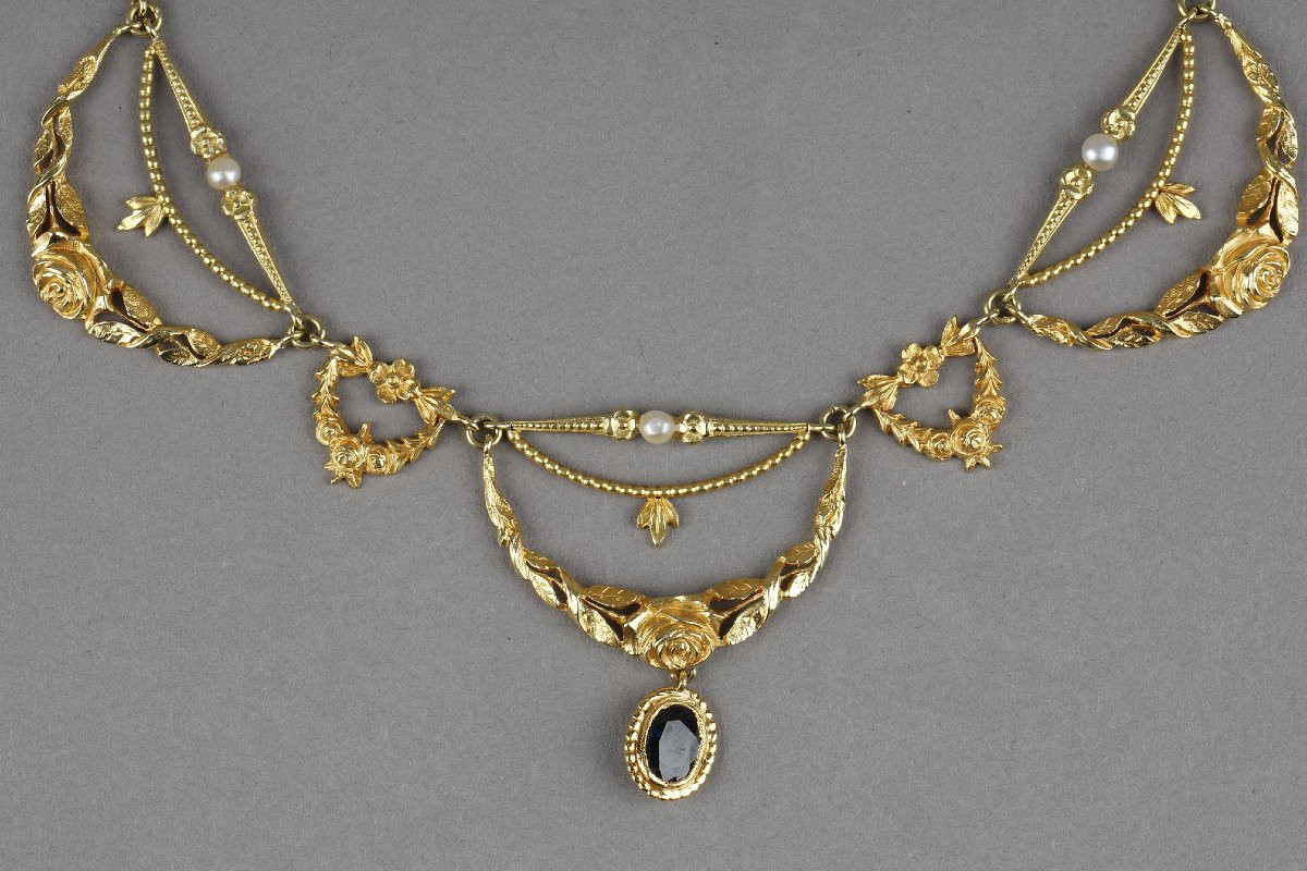 Collier en or, perles fines et saphir, Art Nouveau-photo-4