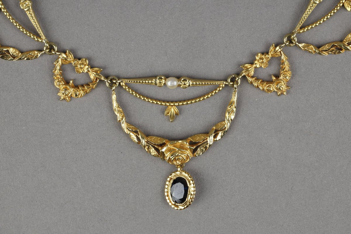 Collier en or, perles fines et saphir, Art Nouveau-photo-1