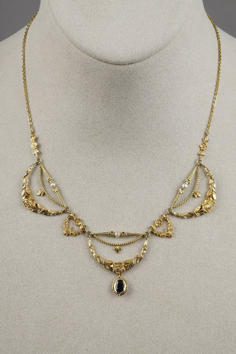 Collier en or, perles fines et saphir, Art Nouveau-photo-8