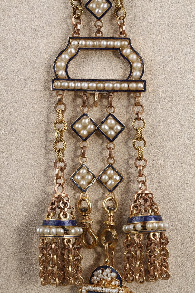 Chatelaine With Amphora In Gold, Enamel And Pearls, 19th Century-photo-4