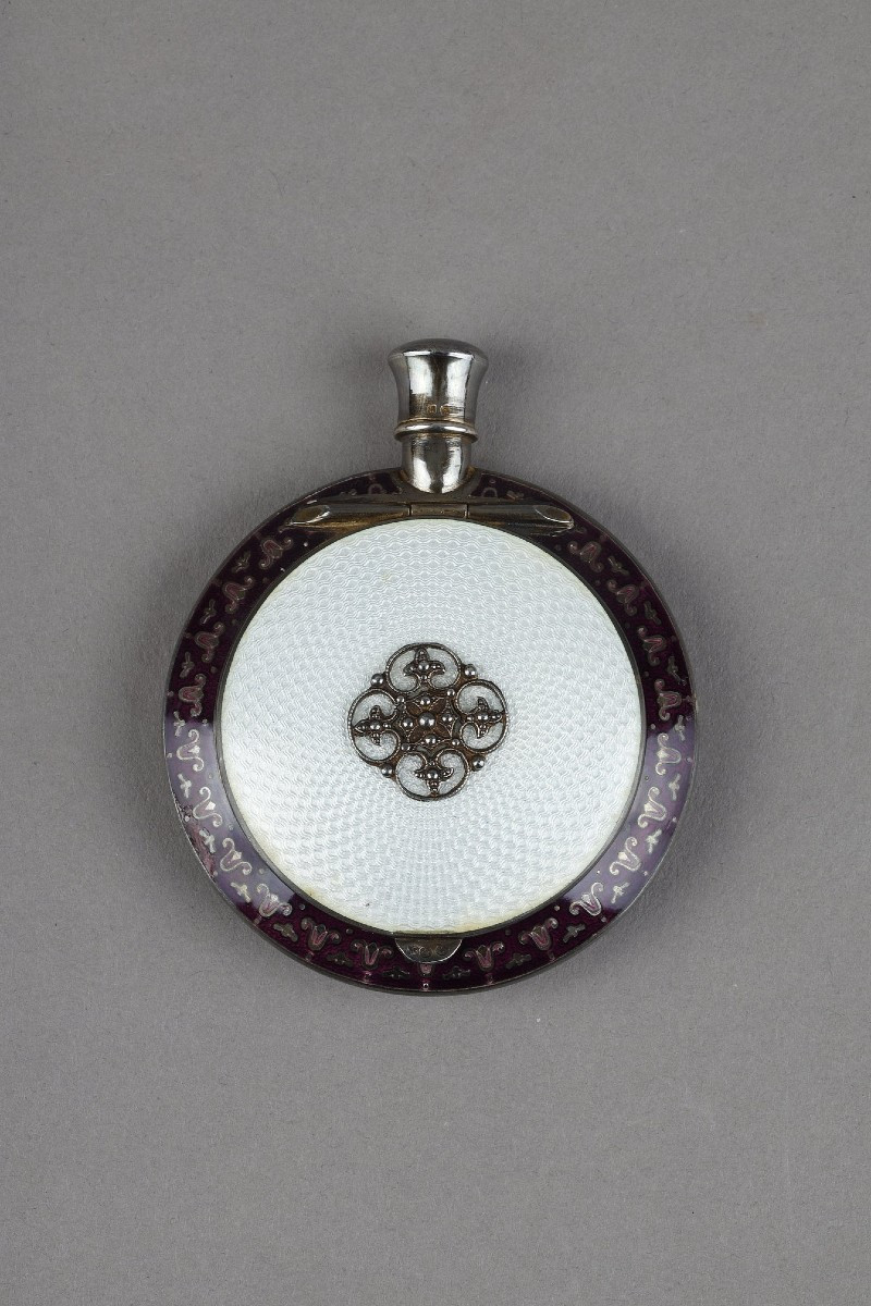 An English Silver And Enamel Powder Compact And Bottle