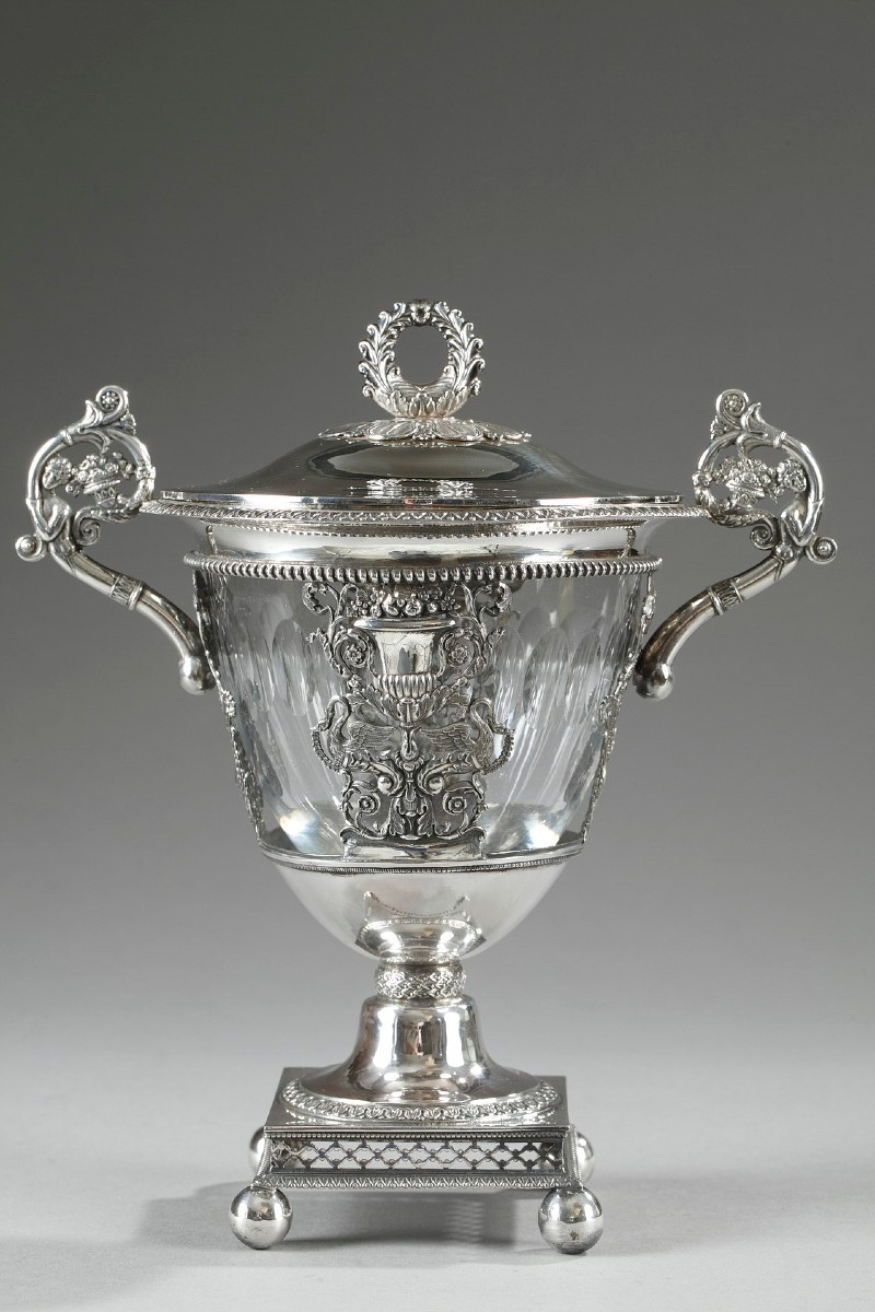 Drageoir en argent et cristal. Début du XIXème siècle. Epoque Restauration. 