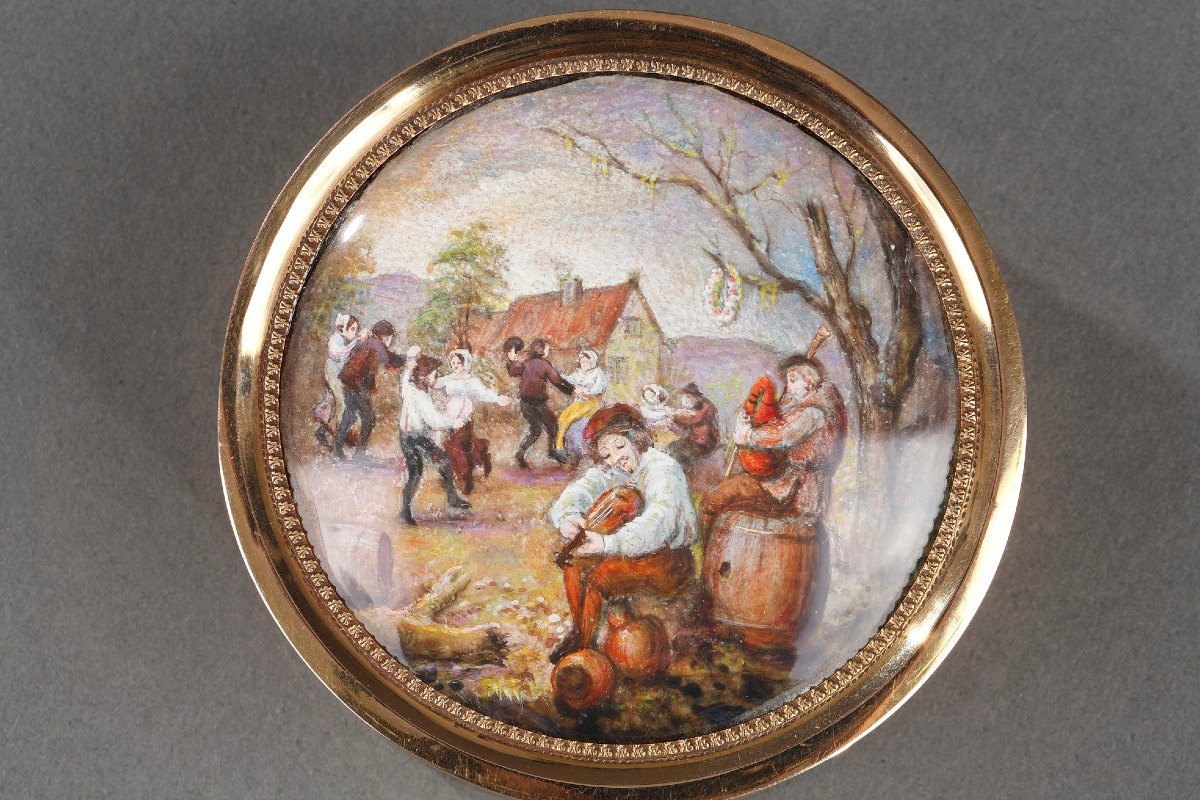 Boite en écaille et or, miniature scène flamande, du XVIII siècle-photo-2