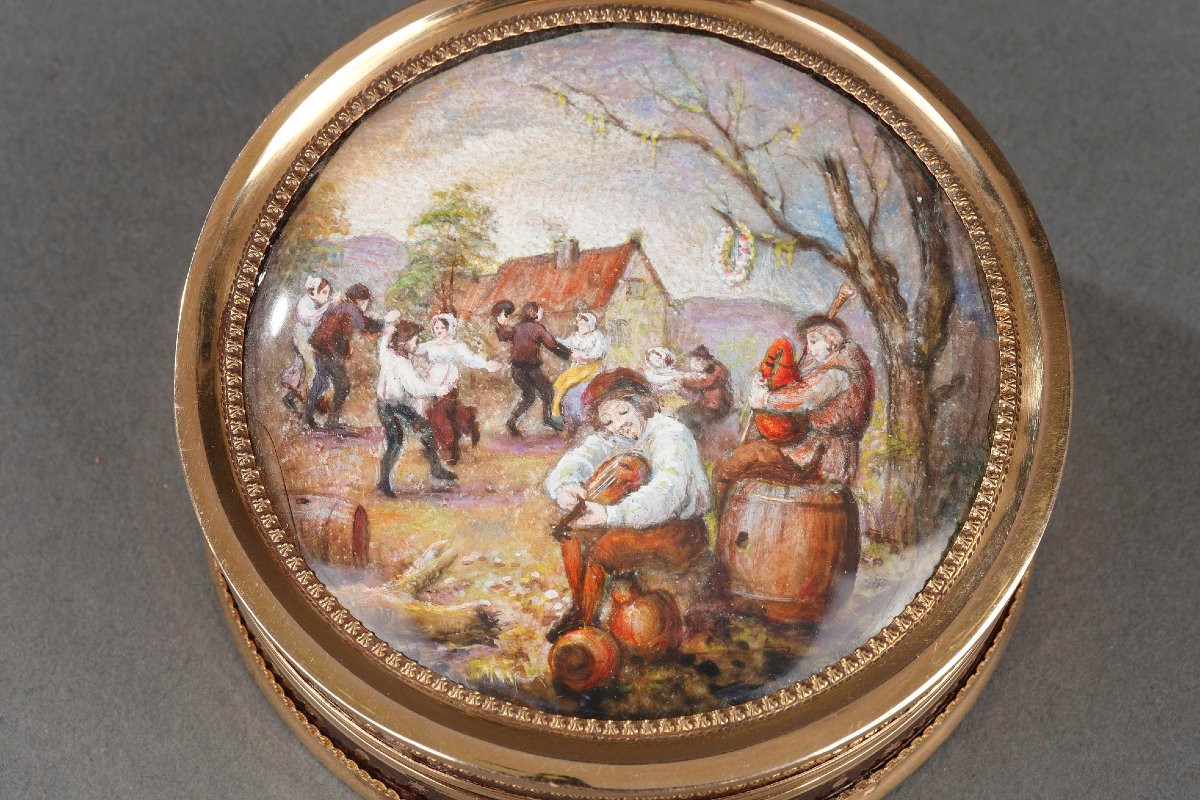 Boite en écaille et or, miniature scène flamande, du XVIII siècle-photo-3