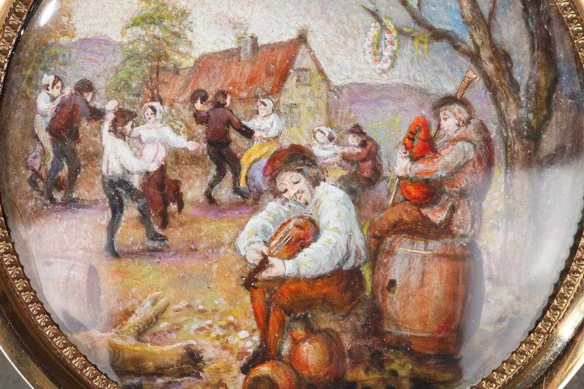 Boite en écaille et or, miniature scène flamande, du XVIII siècle-photo-4