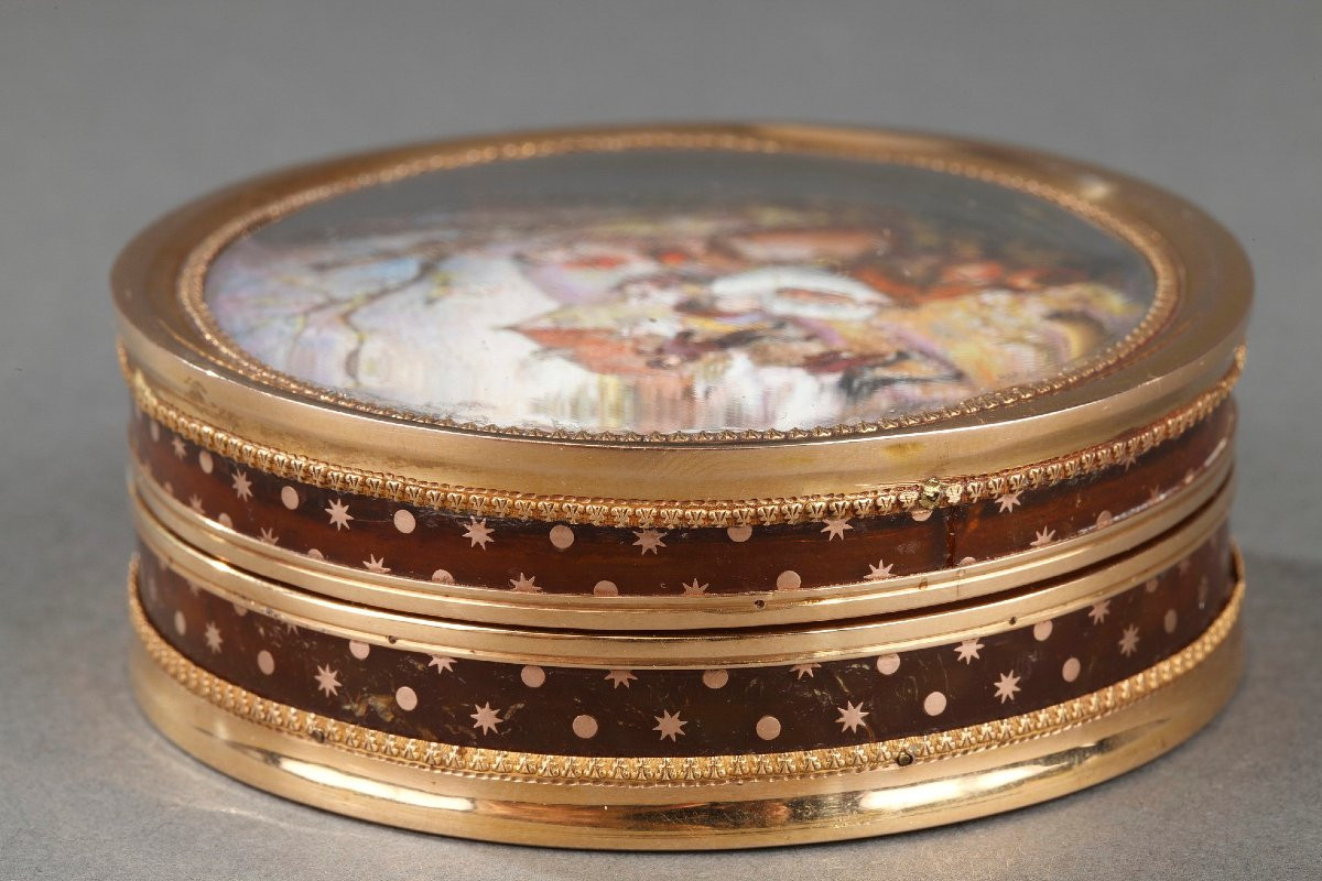Boite en écaille et or, miniature scène flamande, du XVIII siècle-photo-1