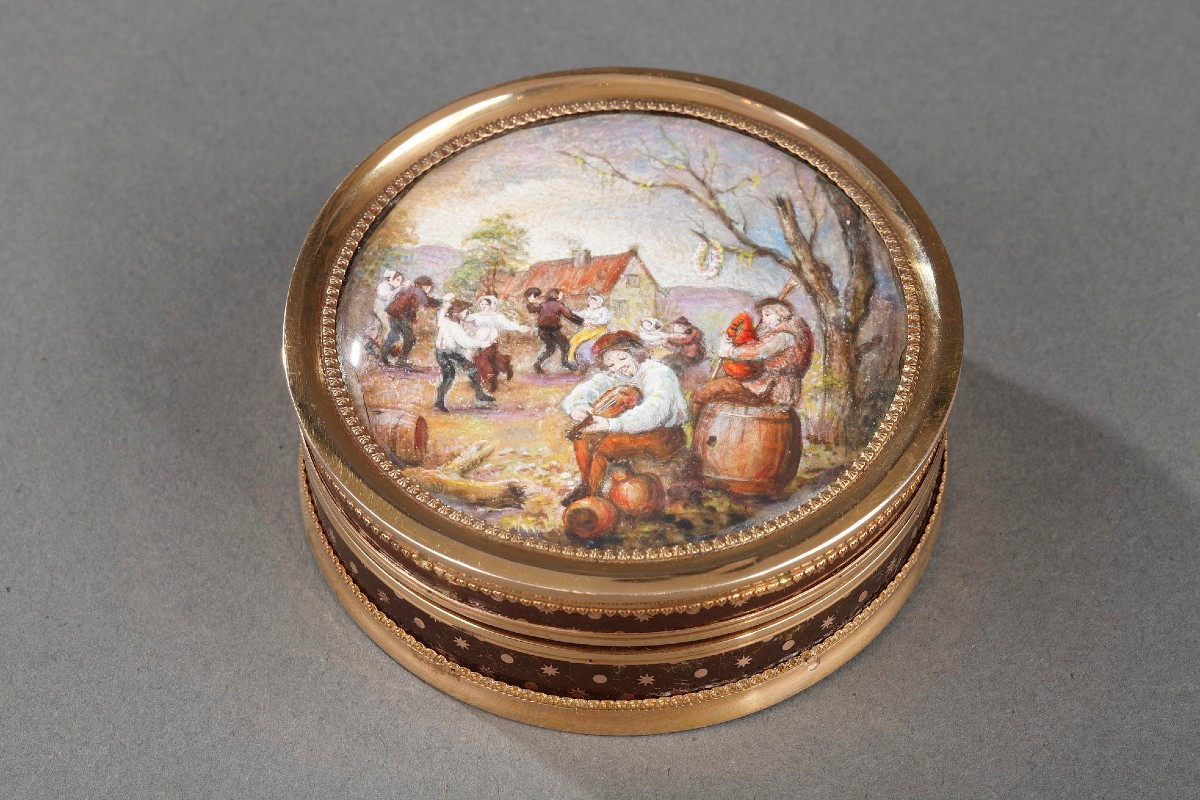 Boite en écaille et or, miniature scène flamande, du XVIII siècle