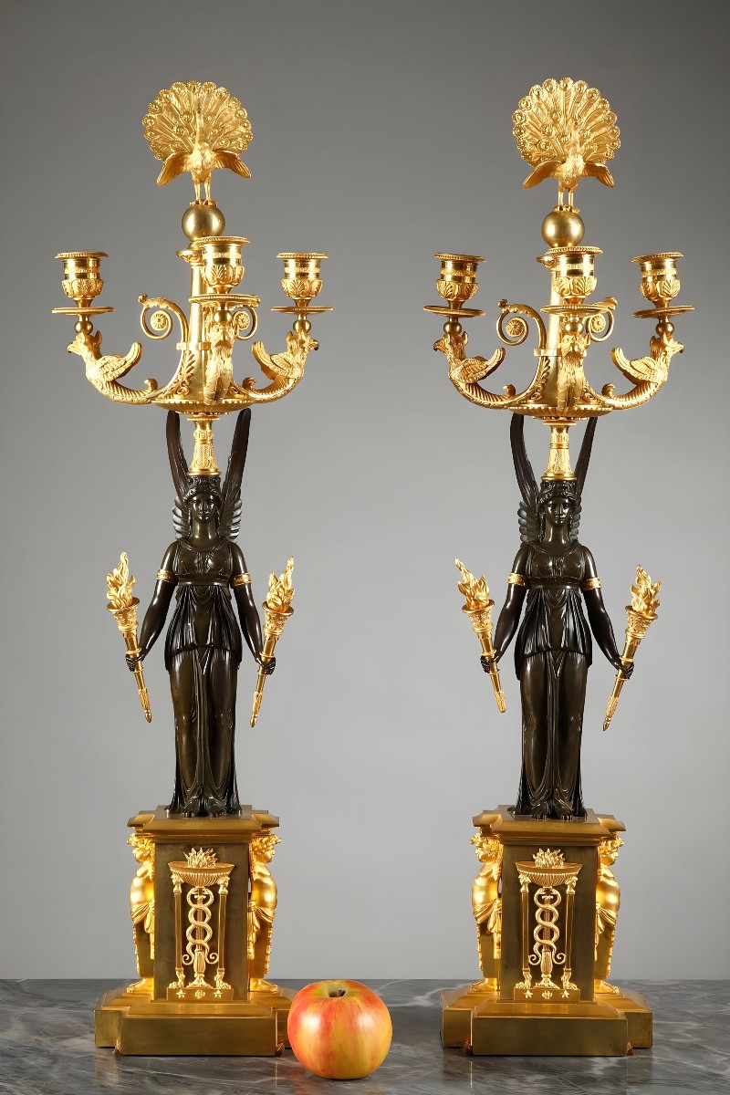 Pair Of Empire Period Candelabra With Peacocks And Winged Women -photo-2