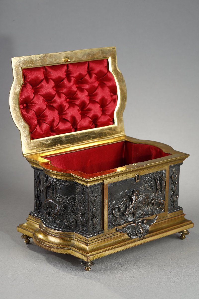 Coffret en bronze patiné et bronze doré à décor cynégétique, Napoléon III-photo-2