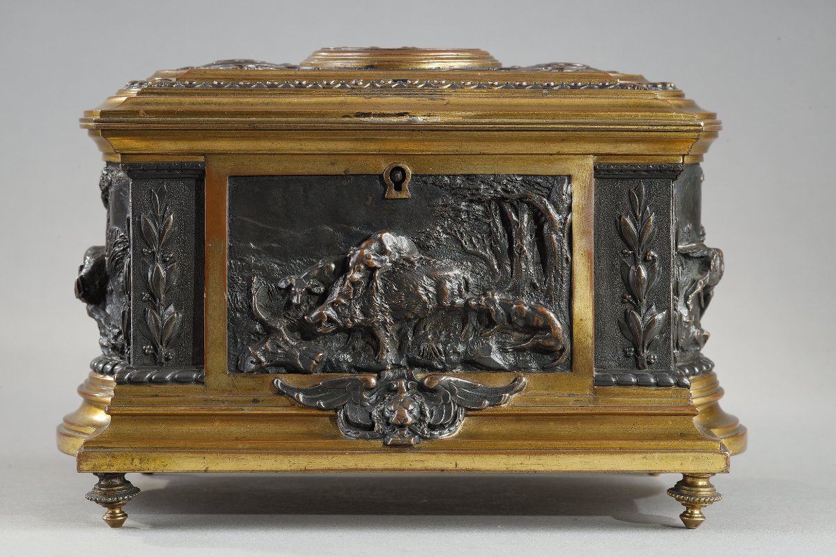 Coffret en bronze patiné et bronze doré à décor cynégétique, Napoléon III-photo-3