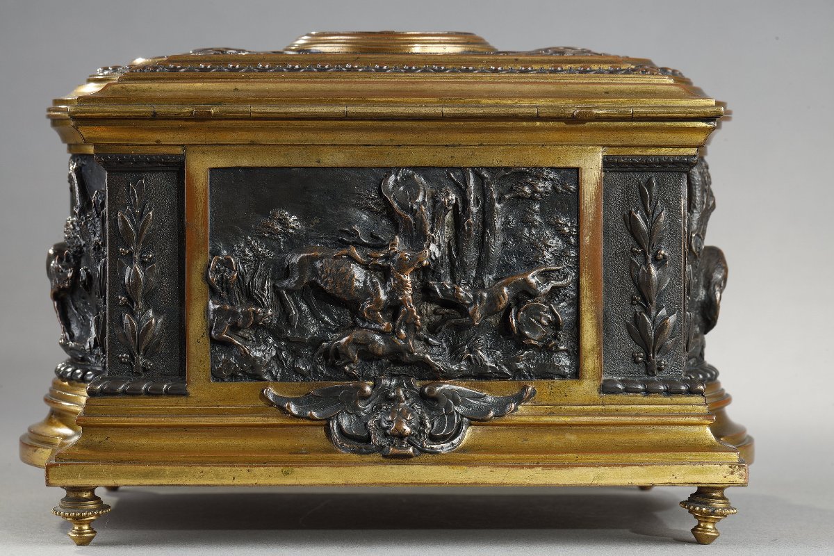 Coffret en bronze patiné et bronze doré à décor cynégétique, Napoléon III-photo-4