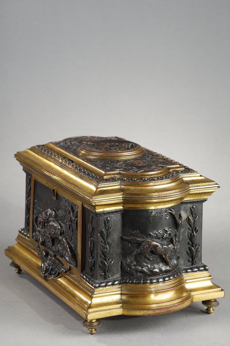 Coffret en bronze patiné et bronze doré à décor cynégétique, Napoléon III-photo-1