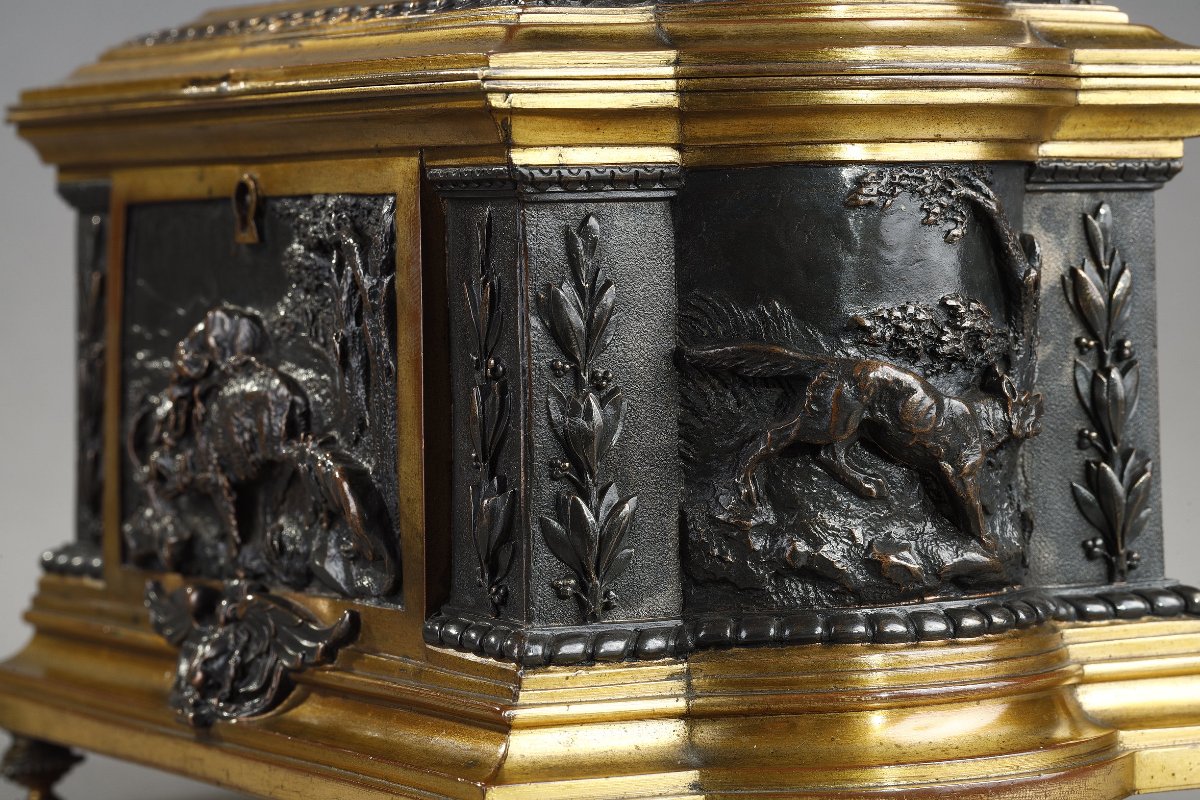 Coffret en bronze patiné et bronze doré à décor cynégétique, Napoléon III-photo-2