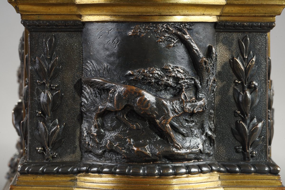 Coffret en bronze patiné et bronze doré à décor cynégétique, Napoléon III-photo-3