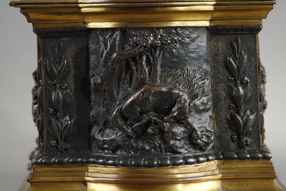 Coffret en bronze patiné et bronze doré à décor cynégétique, Napoléon III-photo-7