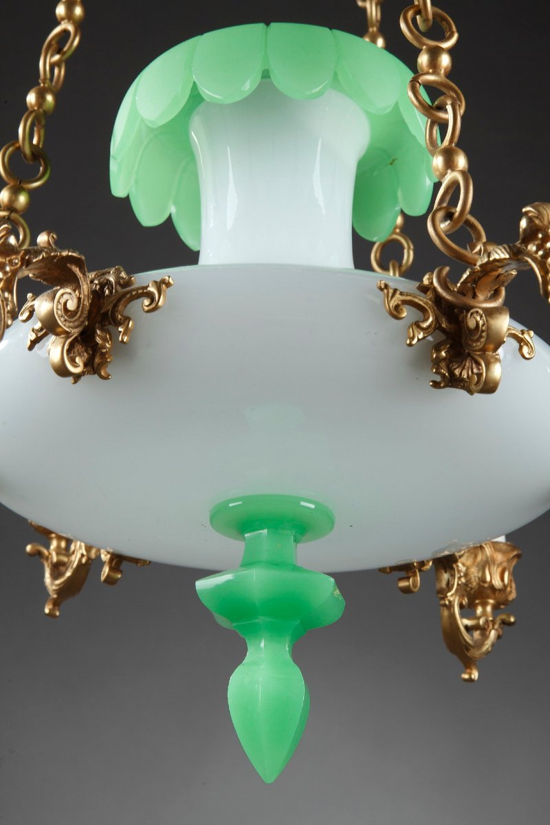Opaline And Bronze Chandelier, Late 19th Century-photo-2