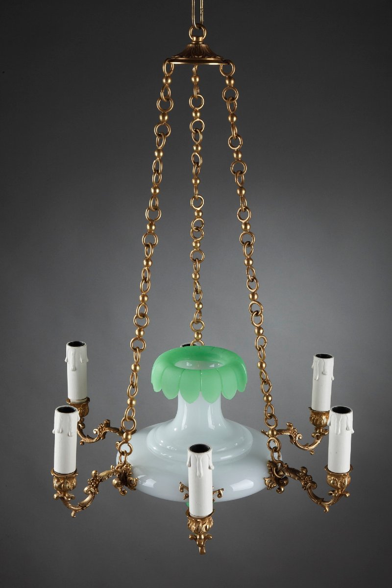 Opaline And Bronze Chandelier, Late 19th Century-photo-3