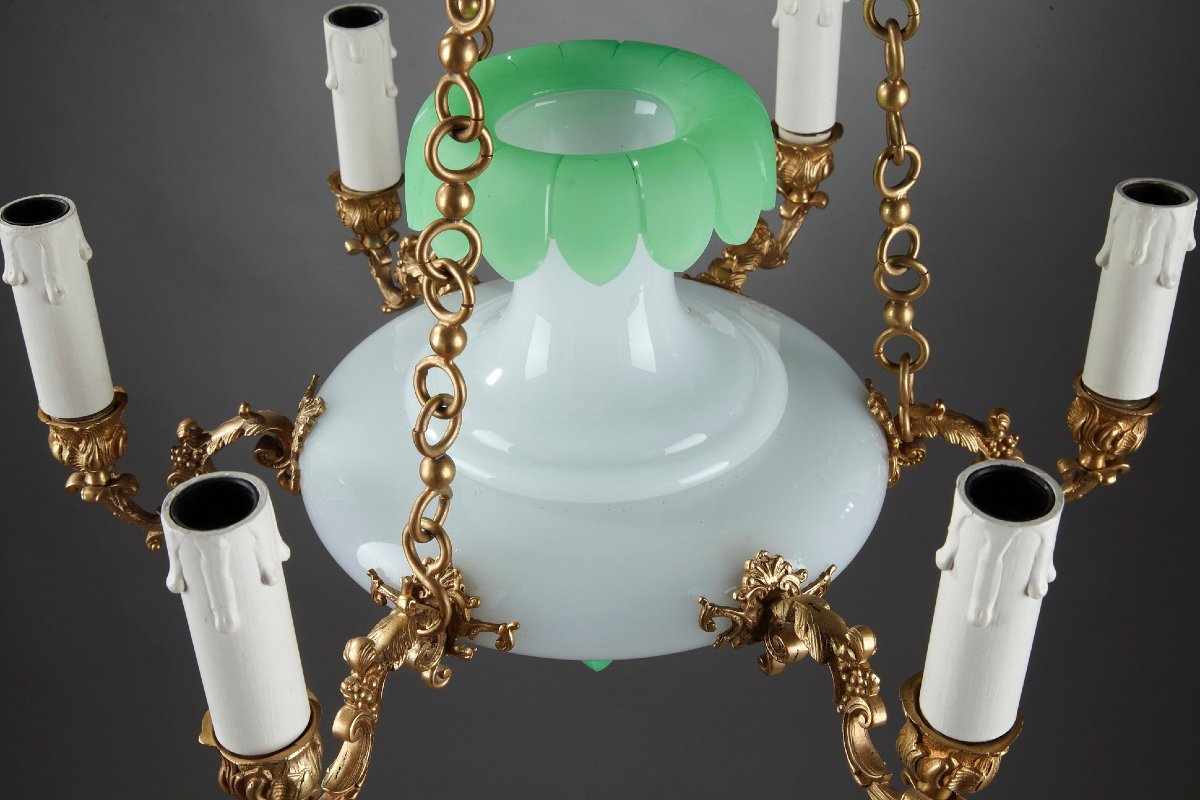 Opaline And Bronze Chandelier, Late 19th Century-photo-1