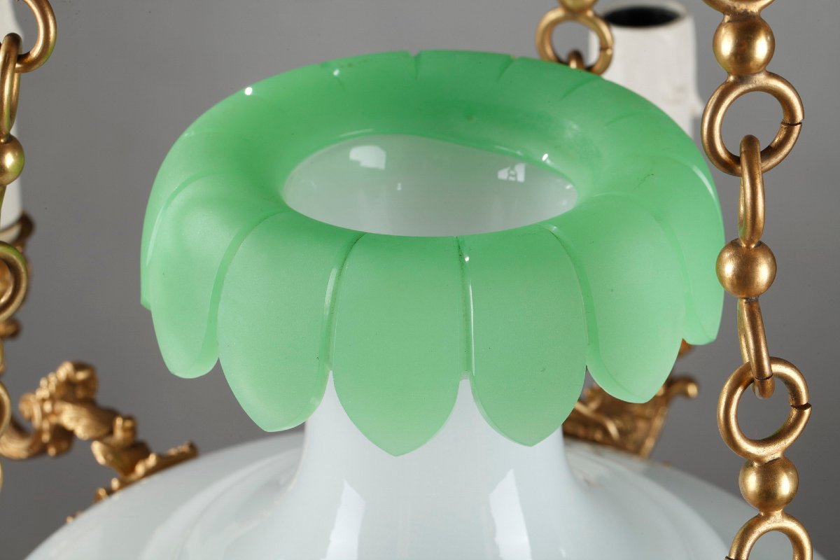 Opaline And Bronze Chandelier, Late 19th Century-photo-2