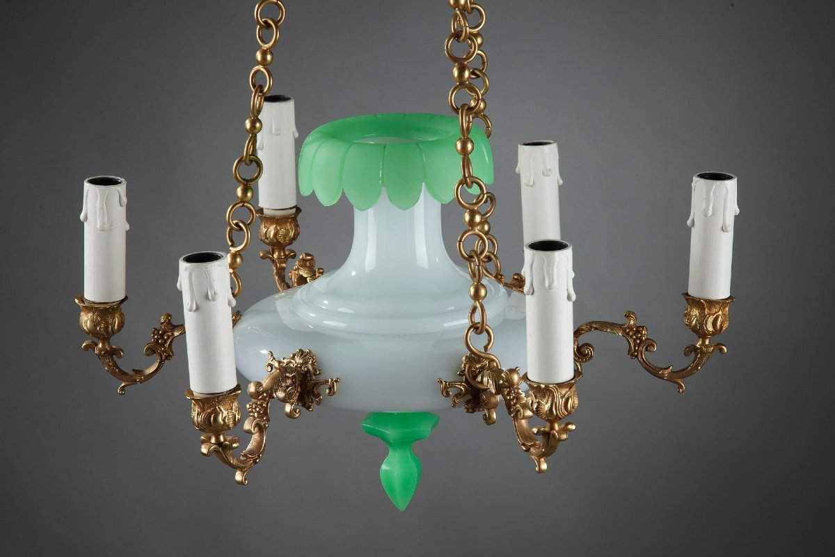 Opaline And Bronze Chandelier, Late 19th Century-photo-6