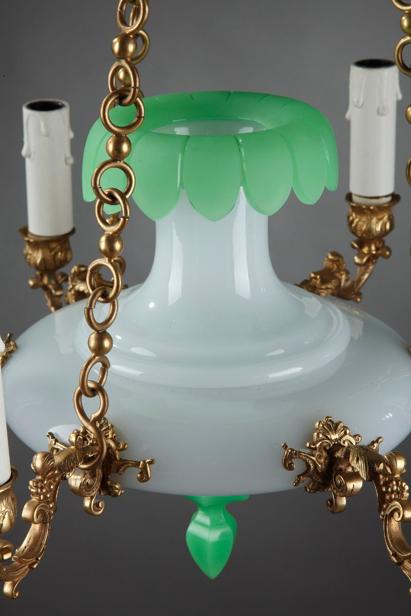 Opaline And Bronze Chandelier, Late 19th Century-photo-8
