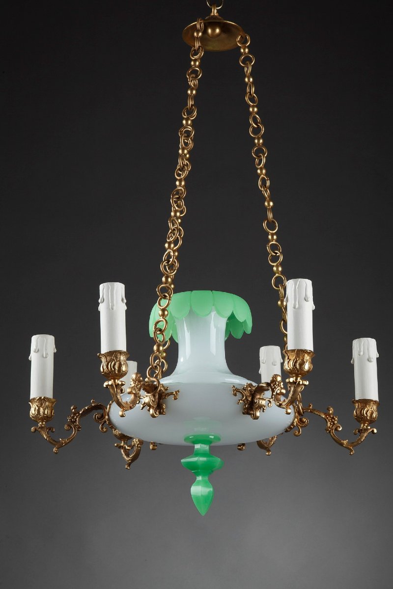 Opaline And Bronze Chandelier, Late 19th Century