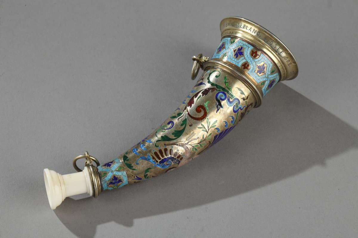 Austrian Silver-gilt, Enamelled And Ivory Mounted Hunting Horn. -photo-4