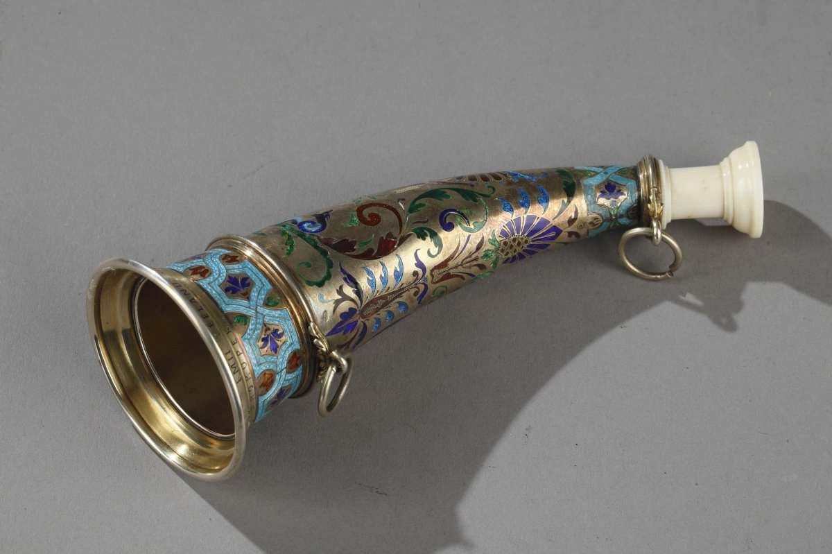 Austrian Silver-gilt, Enamelled And Ivory Mounted Hunting Horn. 