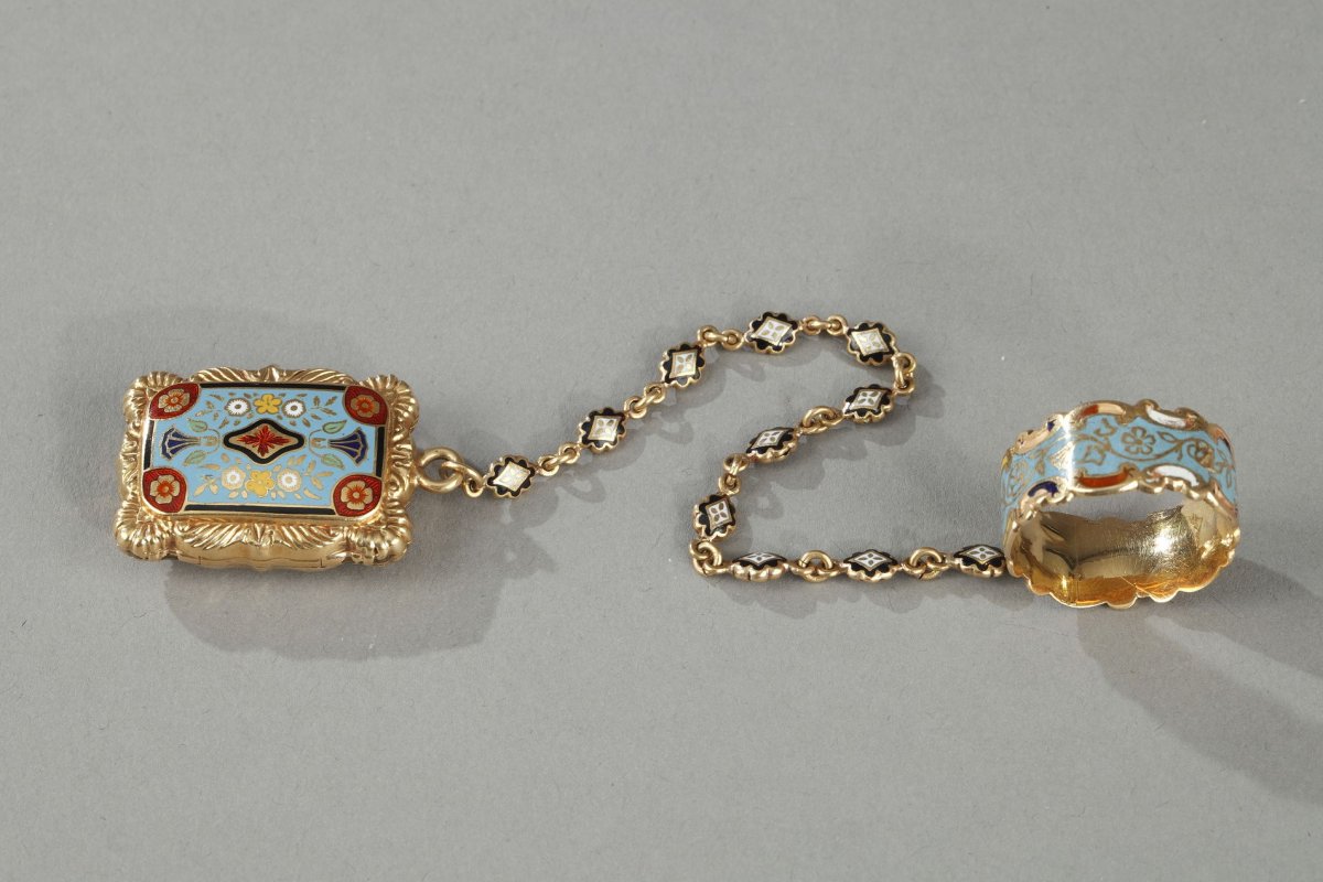 Vinaigrette En Or émaillé Et Bague. Circa 1840. -photo-3