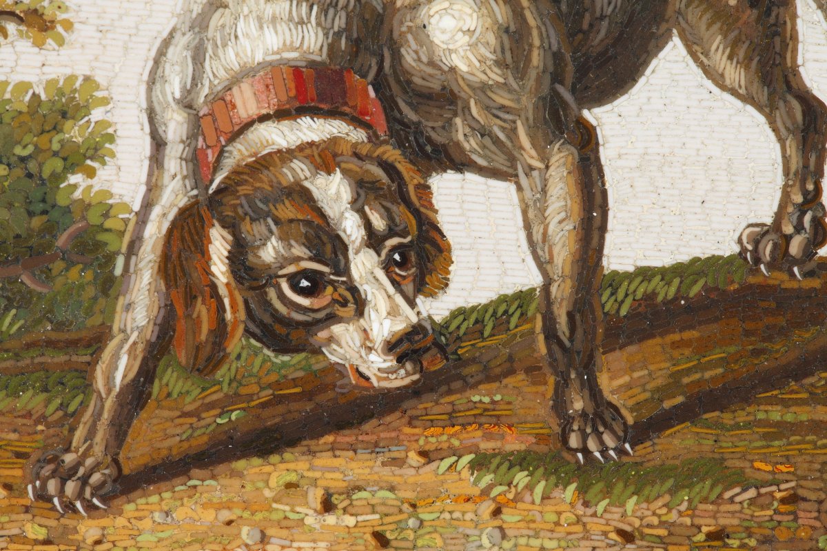 Early 19th Century Micromosaic Dog Chasing A Duck. After Gioacchino Barberi. -photo-1