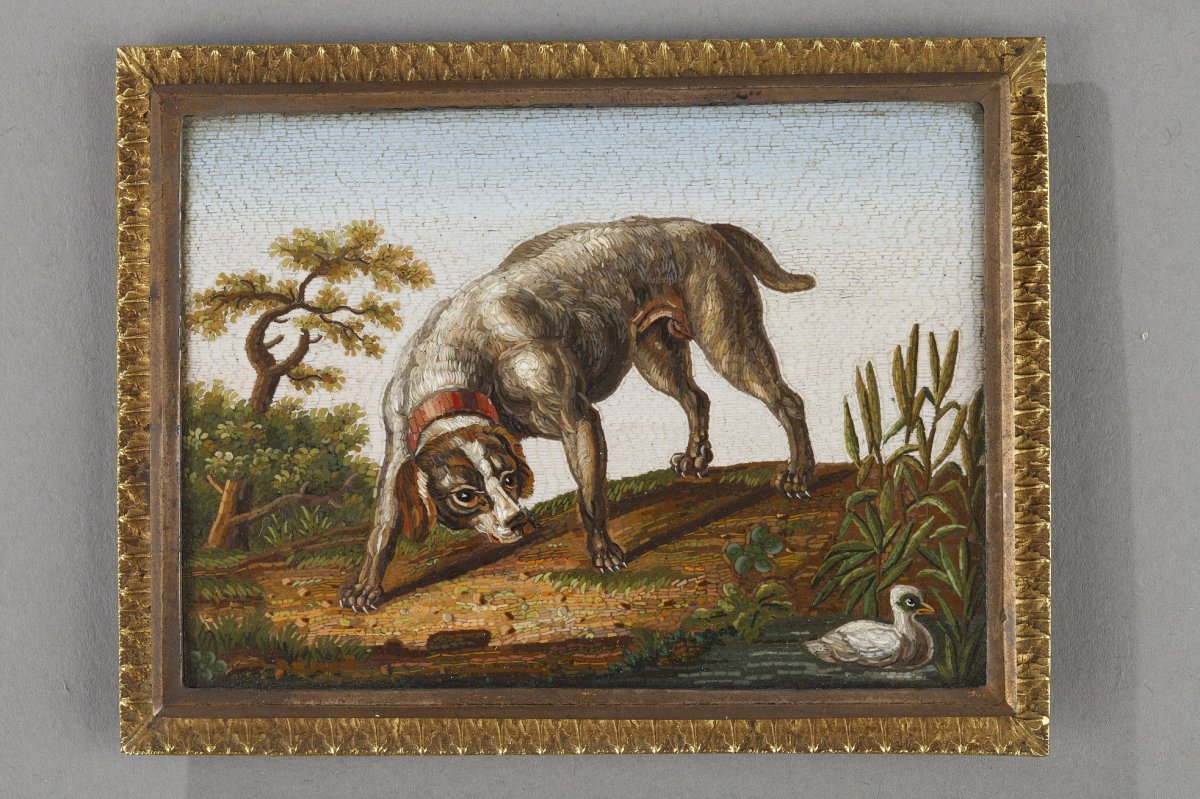 Early 19th Century Micromosaic Dog Chasing A Duck. After Gioacchino Barberi. 