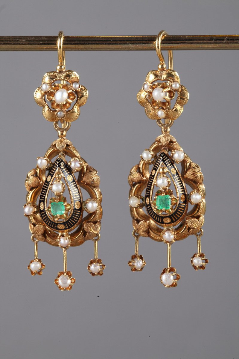 Pair Of Gold, Enamel, Pearl, And Emerald Earrings -photo-2