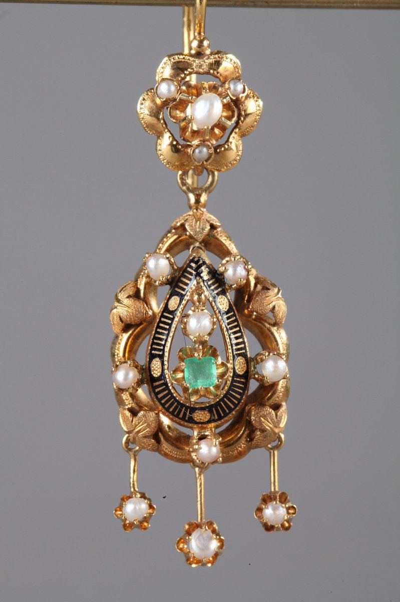 Pair Of Gold, Enamel, Pearl, And Emerald Earrings -photo-3