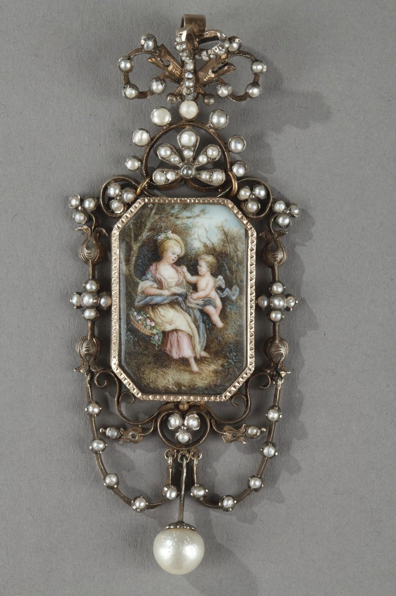 Pendentif Vermeil, Argent, Perles Et Miniature Sur Ivoire. Napoléon III. 