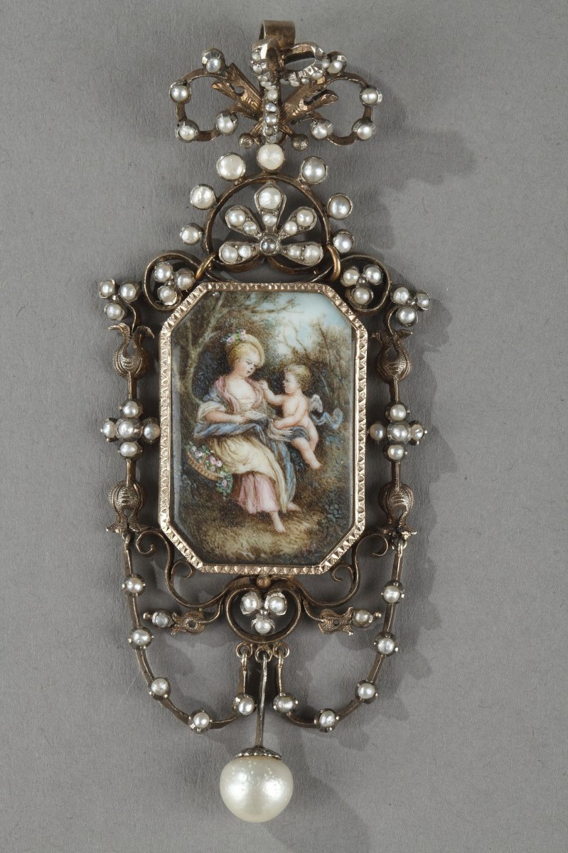 Pendant In Vermeil, Silver, Pearls. Napoleon III. 