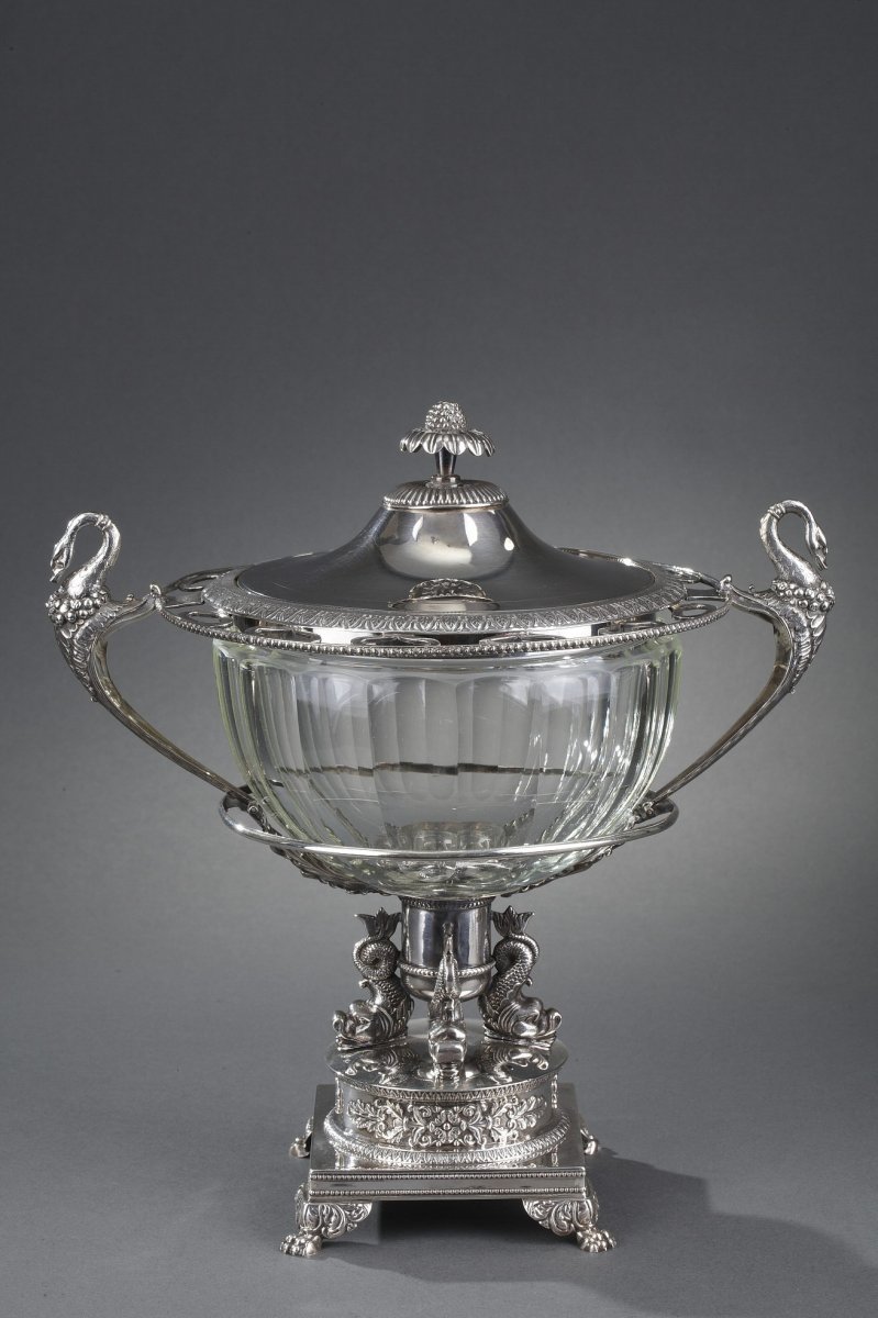 19th Century Large Silver And Cut-crystal Confiturier,with 12 Spoons. Restauration Period. -photo-2