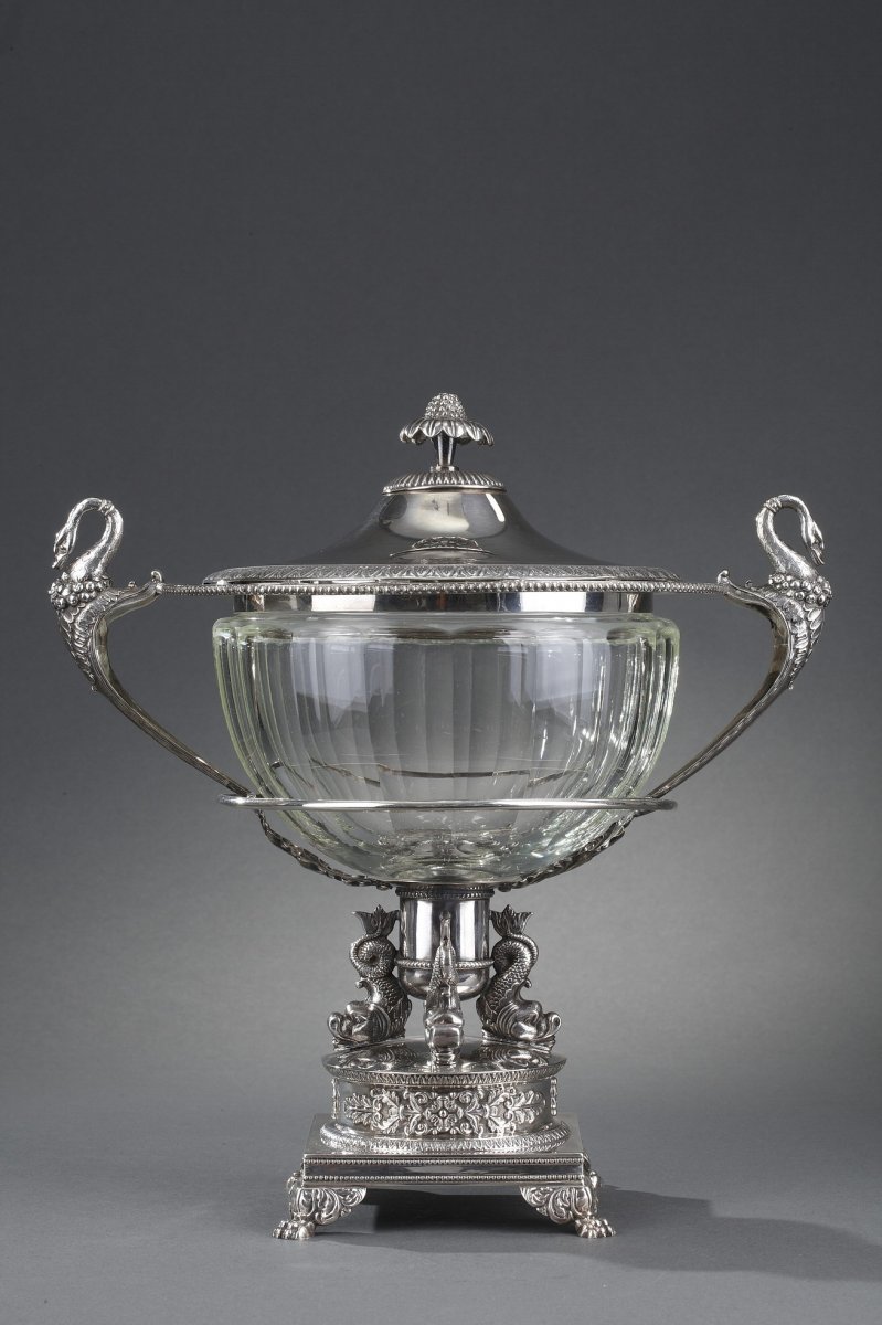 19th Century Large Silver And Cut-crystal Confiturier,with 12 Spoons. Restauration Period. -photo-3