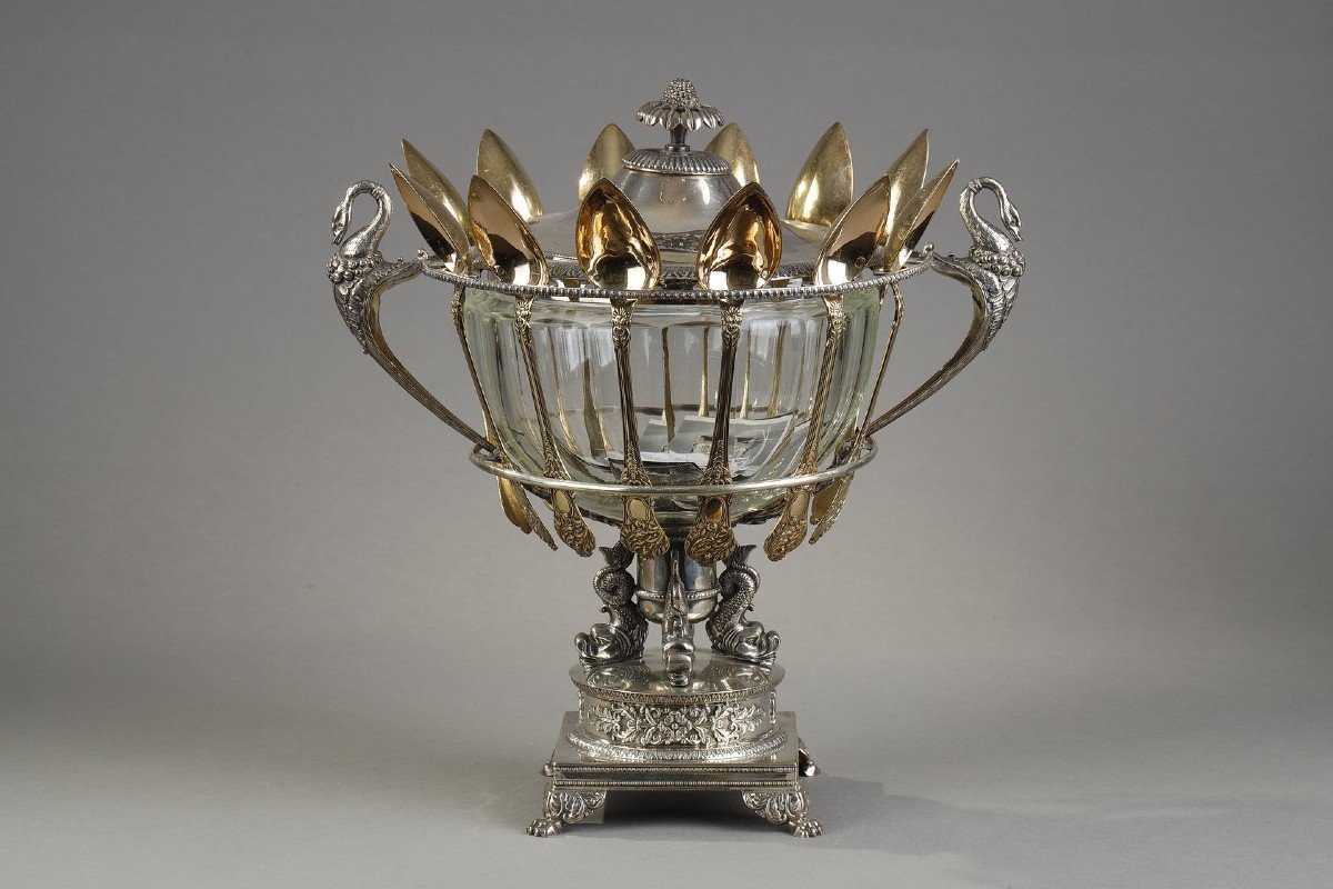 19th Century Large Silver And Cut-crystal Confiturier,with 12 Spoons. Restauration Period. -photo-4