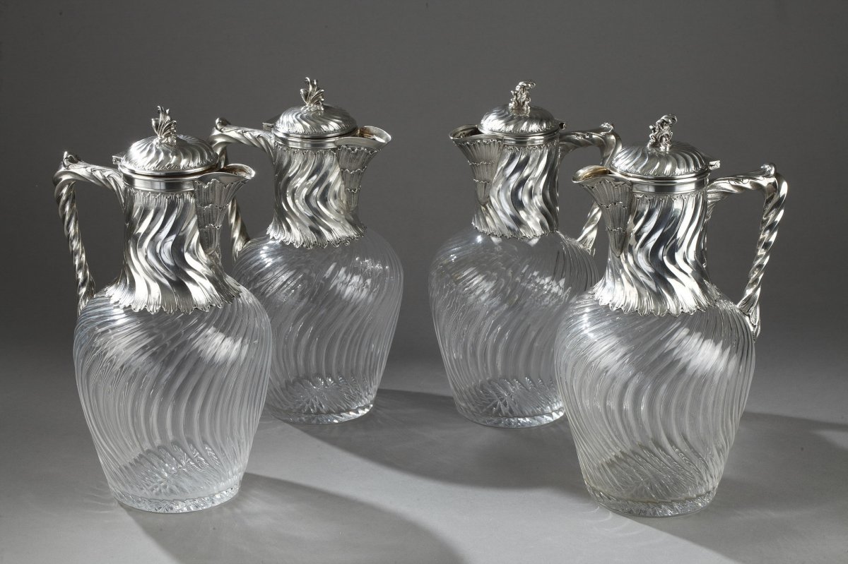 Suite Of 4 Ewers In Silver And Crystal. 19th Century. -photo-2