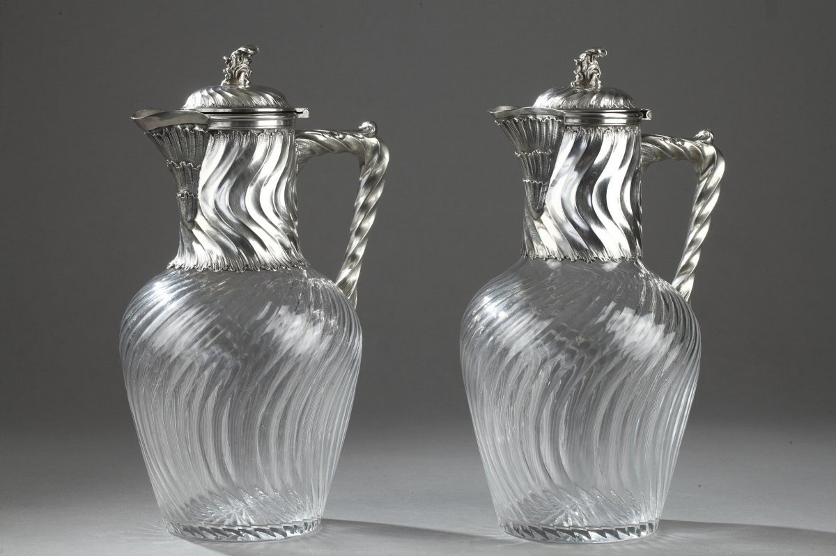 Suite Of 4 Ewers In Silver And Crystal. 19th Century. -photo-3