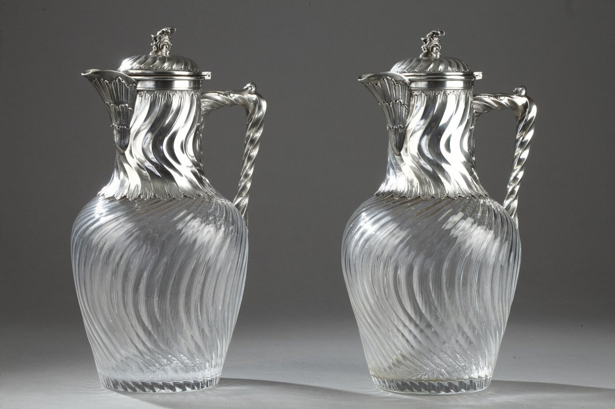 Suite Of 4 Ewers In Silver And Crystal. 19th Century. -photo-4