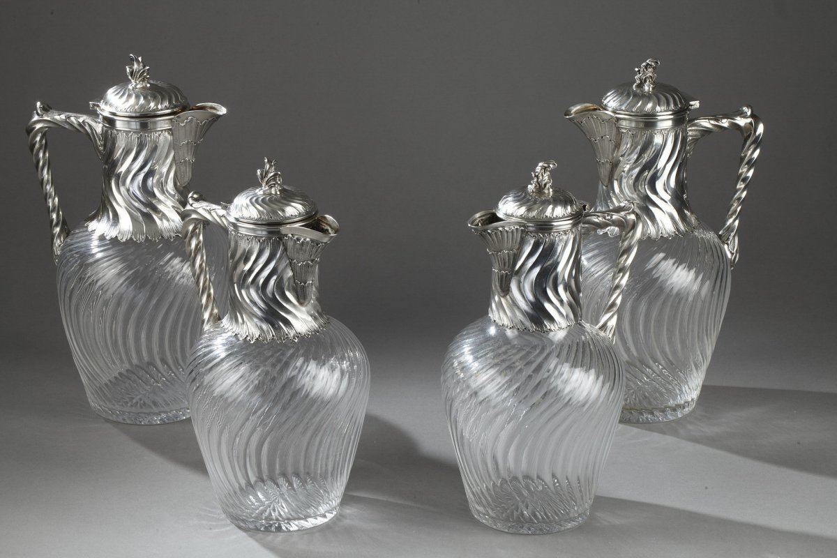 Suite Of 4 Ewers In Silver And Crystal. 19th Century. 