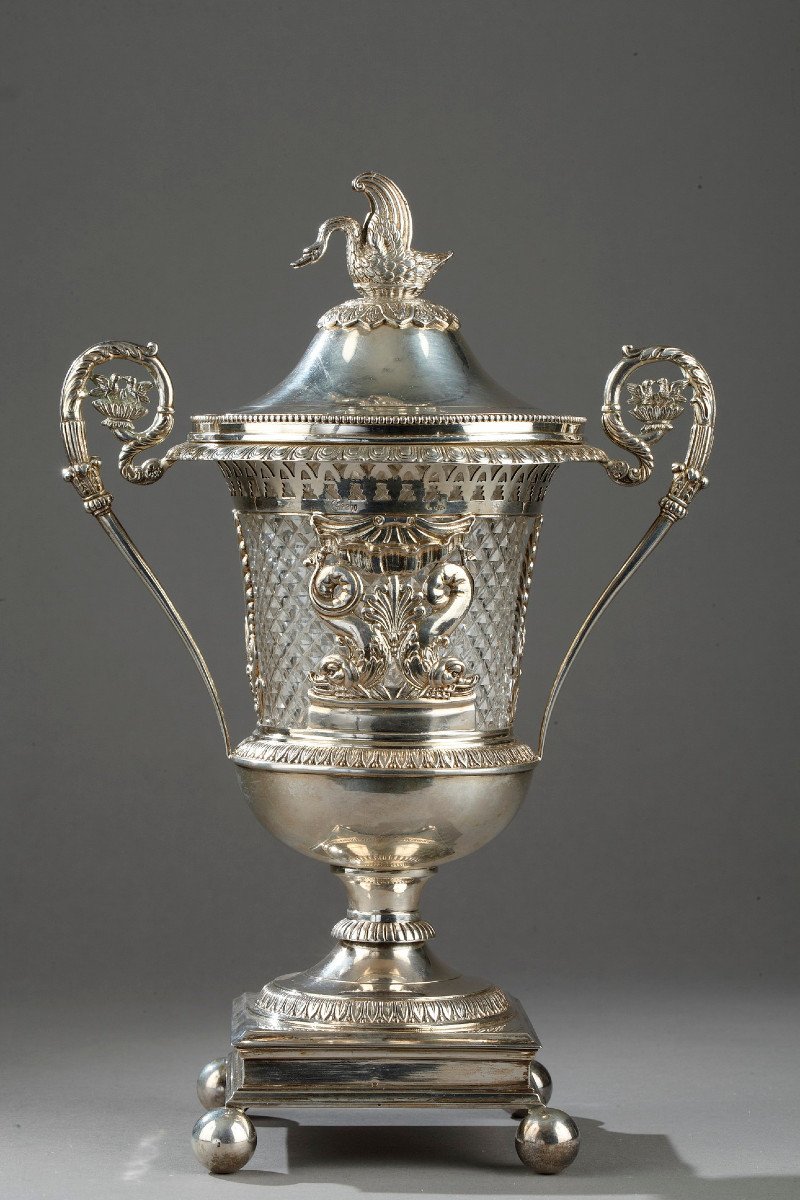 Drageoir En Argent Et Cristal Taillé. XIXème Siècle. 