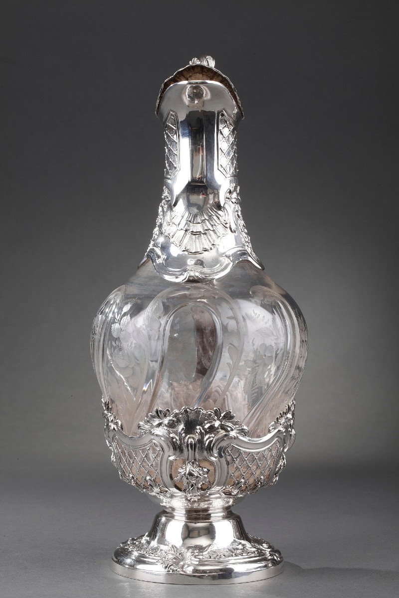 19th Century Pair Of Silver Ewers And Engraved Crystal. -photo-4