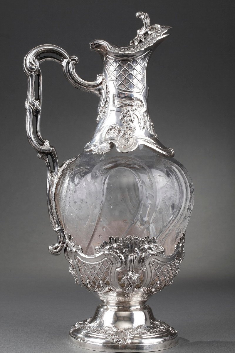 19th Century Pair Of Silver Ewers And Engraved Crystal. -photo-7