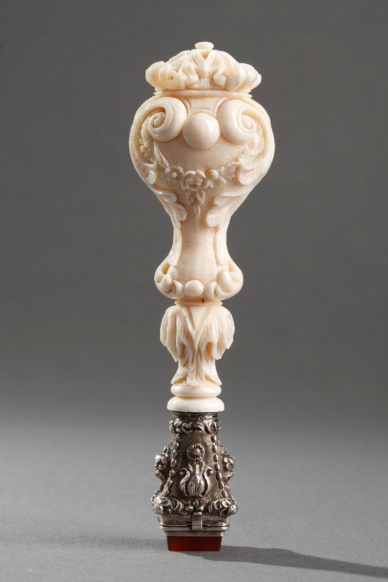 A Dieppe Ivory Desk Seal With Silver And Agate. Mid 19th Century. Restauration. 