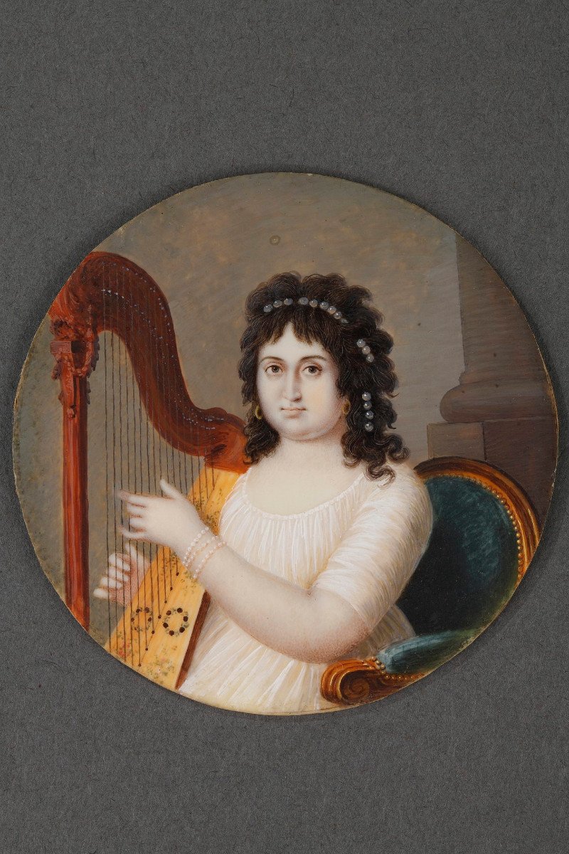 Miniature On Ivory "the Harpist". Circa 1800. -photo-3